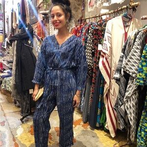 Vintage The Stacey Jumpsuit from Martine’s Dream. Blue and White Tribal Print